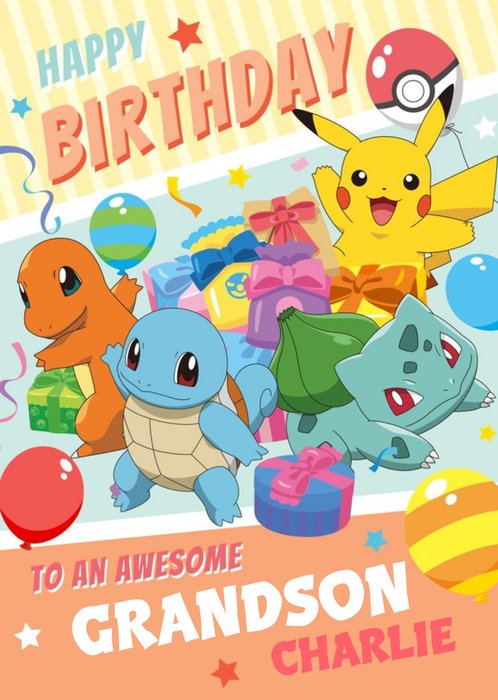 Pokemon Pikachu Bulbasaur Charmander Squirtle Awesome Grandson Birthday Card