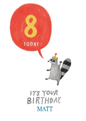 Illustration Of A Raccoon In A Party Hat Eighth Birthday Card