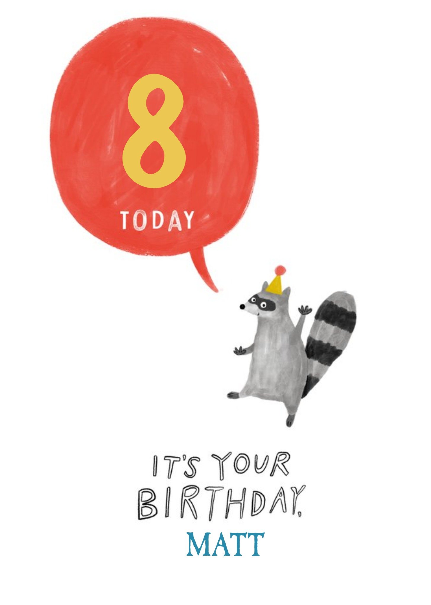 Moonpig Illustration Of A Raccoon In A Party Hat Eighth Birthday Card Ecard