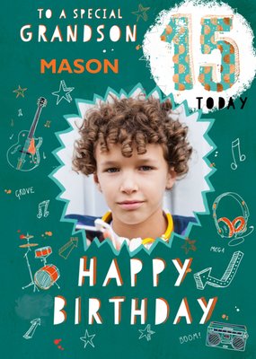 Illustration Of A Guitar Headphones And A Drum Kit Grandson's Fifteenth Birthday Photo Upload Card