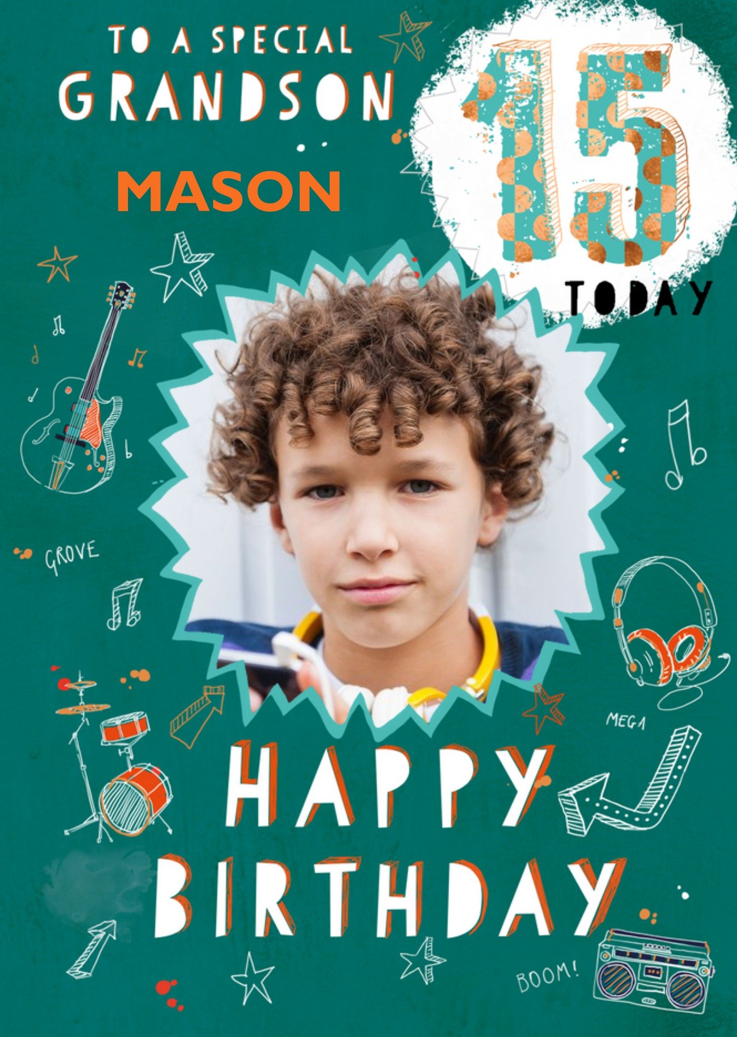 Ling Design Illustration Of A Guitar Headphones And A Drum Kit Grandson's Fifteenth Birthday Photo U