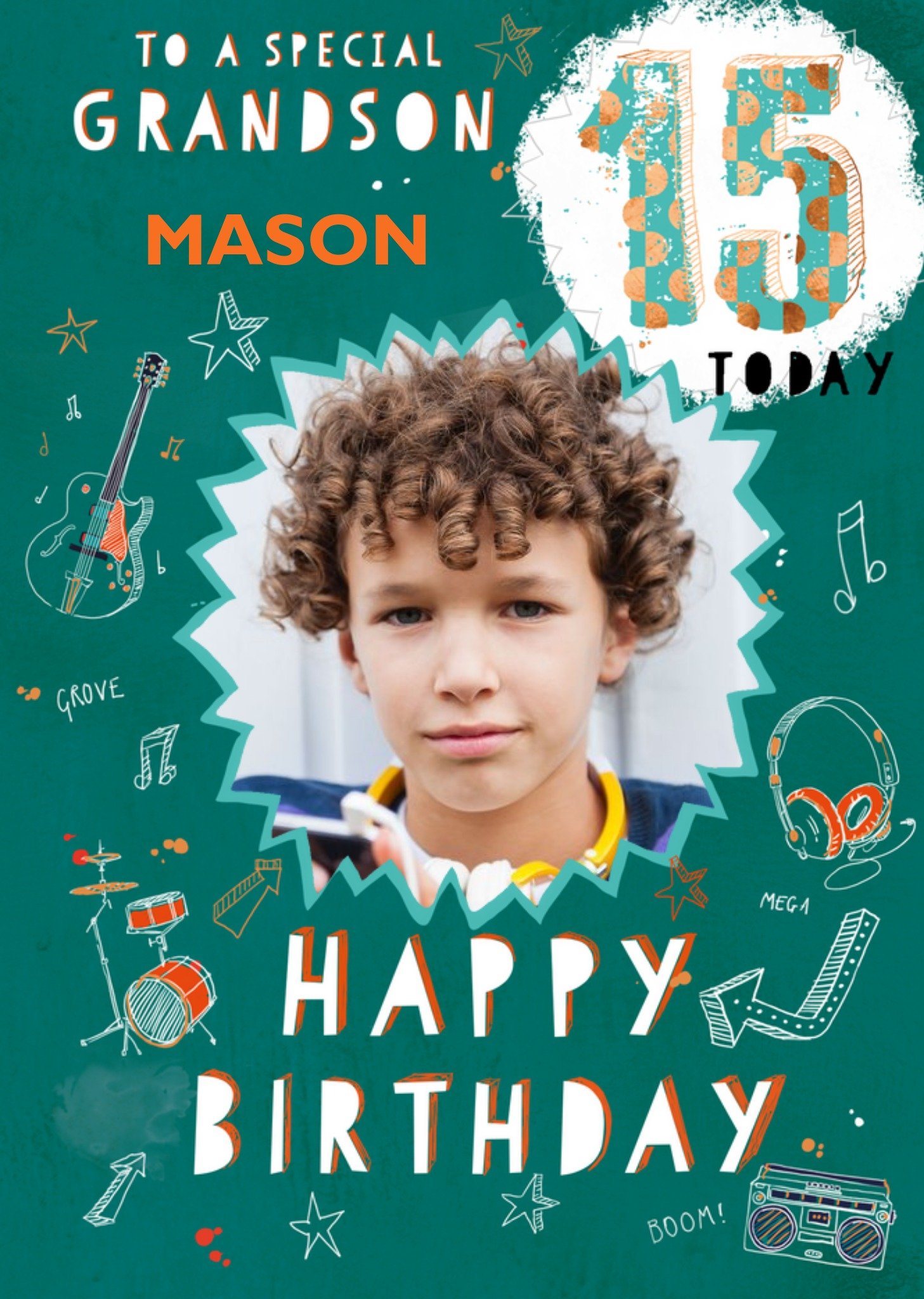 Ling Design Illustration Of A Guitar Headphones And A Drum Kit Grandson's Fifteenth Birthday Photo Upload Card Ecard