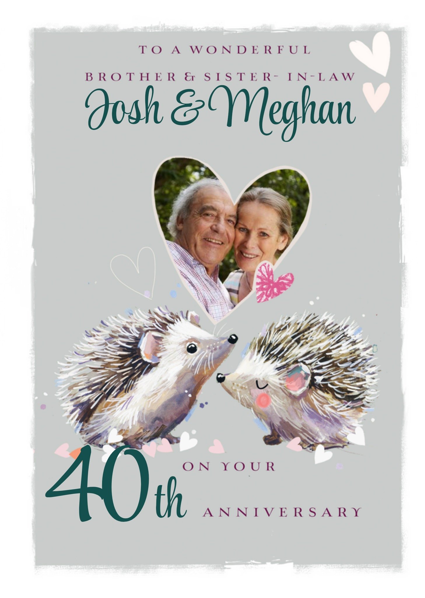 Ling Design Illustrated Hedgehogs And Love Hearts 40th Anniversary Editable Card , Large