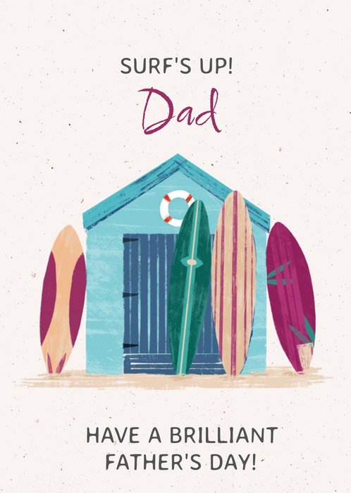 Surfs Up Surfing Board Beach hut Personalised Dad Father's Day Card