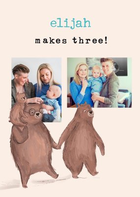Photo Upload Cute Illustrative Makes Three New Baby Card