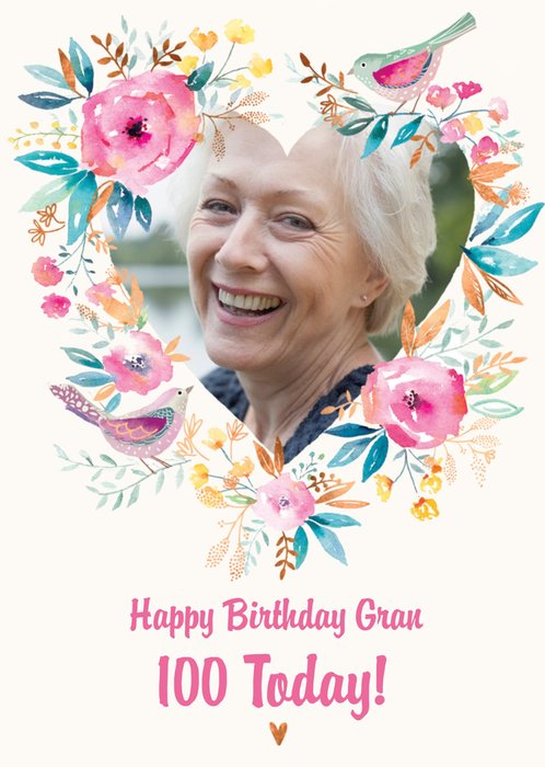 Traditional Flowers And Birds 100th Birthday Photo Upload Card For Gran