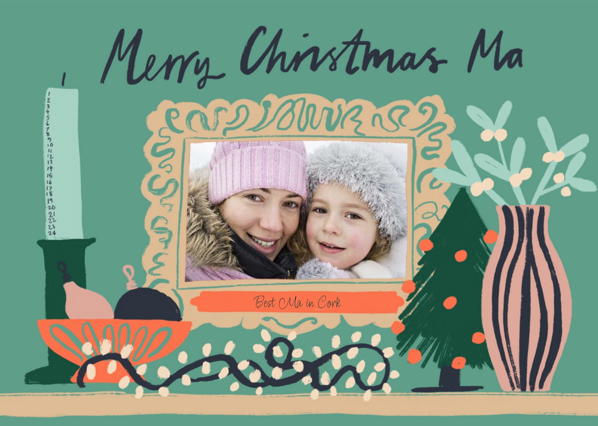 Moonpig Illustration Of A Photo Frame And Christmas Ornaments Photo Upload Mother's Christmas Card E