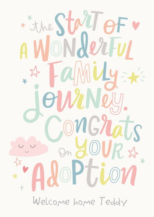 Colourful Typography With Stars And Hearts Congratulations On Your Adoption Card
