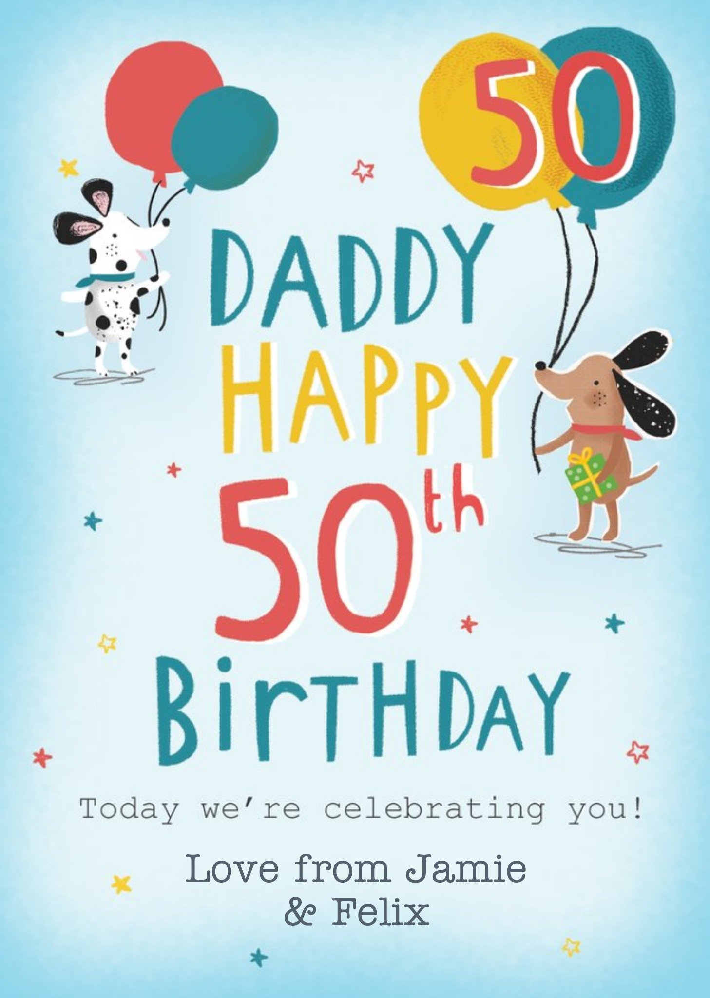 Moonpig Blue Illustrated Dogs 50th Balloons Personalised Daddy Birthday Card, Large