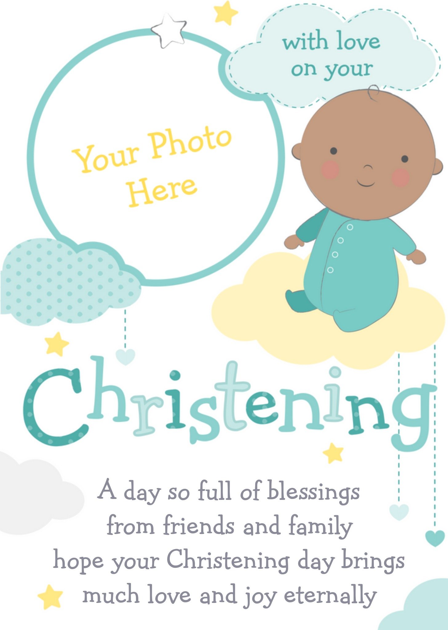 Baby In The Clouds Personalised Photo Upload Christening Card Ecard