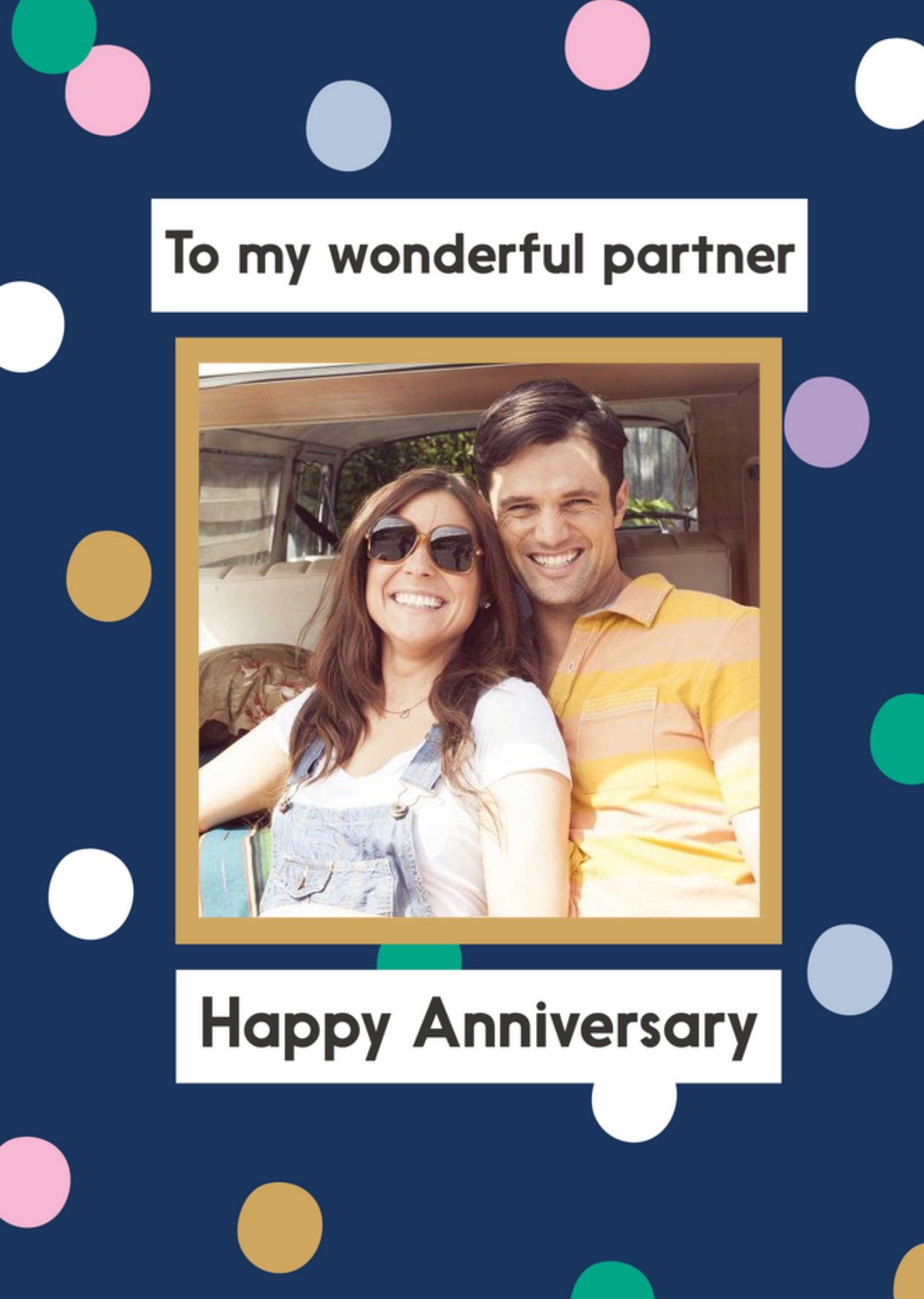 Photo Frame On A Colourful Polka Dot Background Happy Anniversary Photo Upload Card Ecard