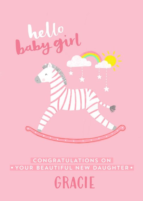 Bright Fun Illustration Of A Rocking Horse New Baby Girl Card