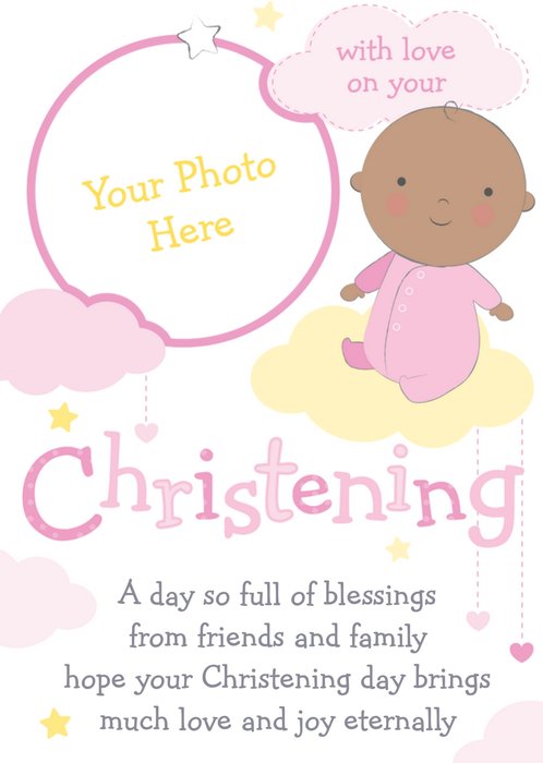 Lemon And Baby Pink Personalised Photo Upload Happy Christening Day Card
