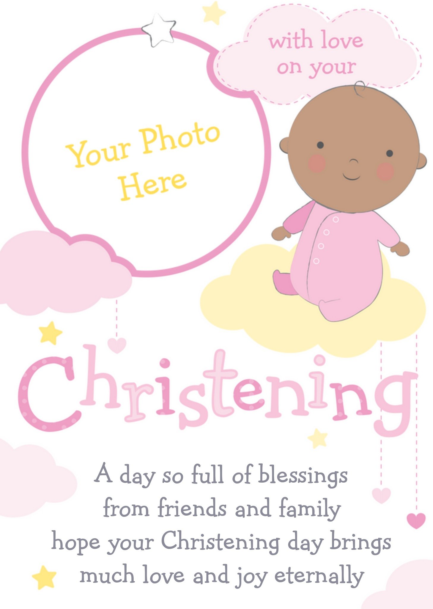 Moonpig Lemon And Baby Pink Personalised Photo Upload Happy Christening Day Card, Large
