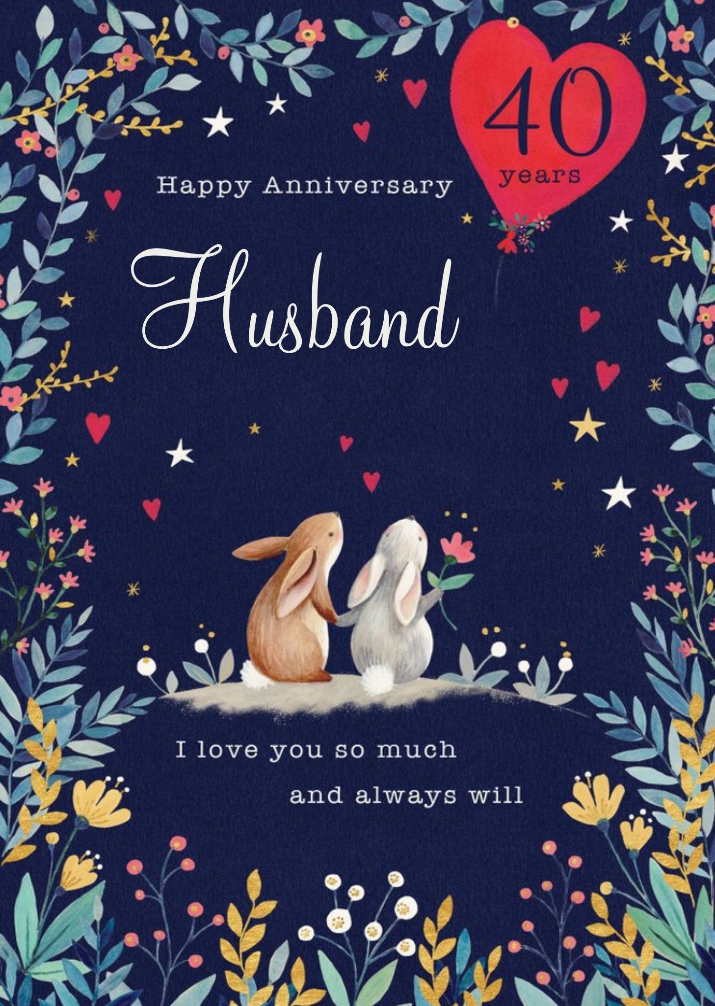 Cute Illustrated Rabbit Woodlands Customisable 40th Anniversary Card Ecard