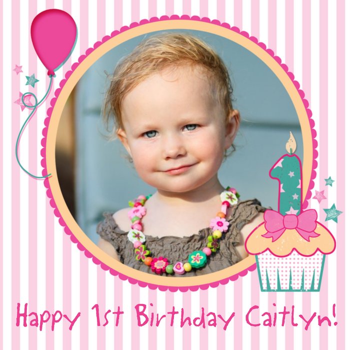 Pink Striped Cartoon Cupcake Personalised Happy 1st Birthday Card | Moonpig