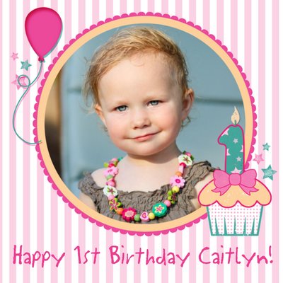 Pink Striped Cartoon Cupcake Personalised Happy 1st Birthday Card