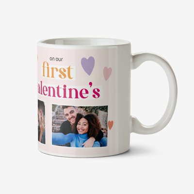 Three Photo Upload Design With Lovehearts On Our First Valentine's Mug