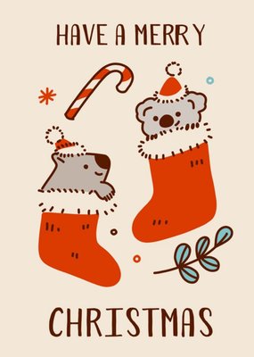 Illustrated Koalas in Stockings Christmas Card
