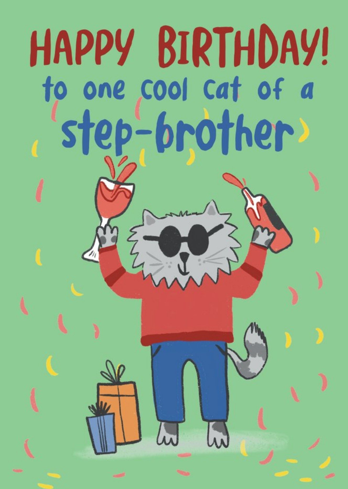 Moonpig Illustration Of A Cat With A Bottle And Glass Of Wine Step Brother Birthday Card, Large