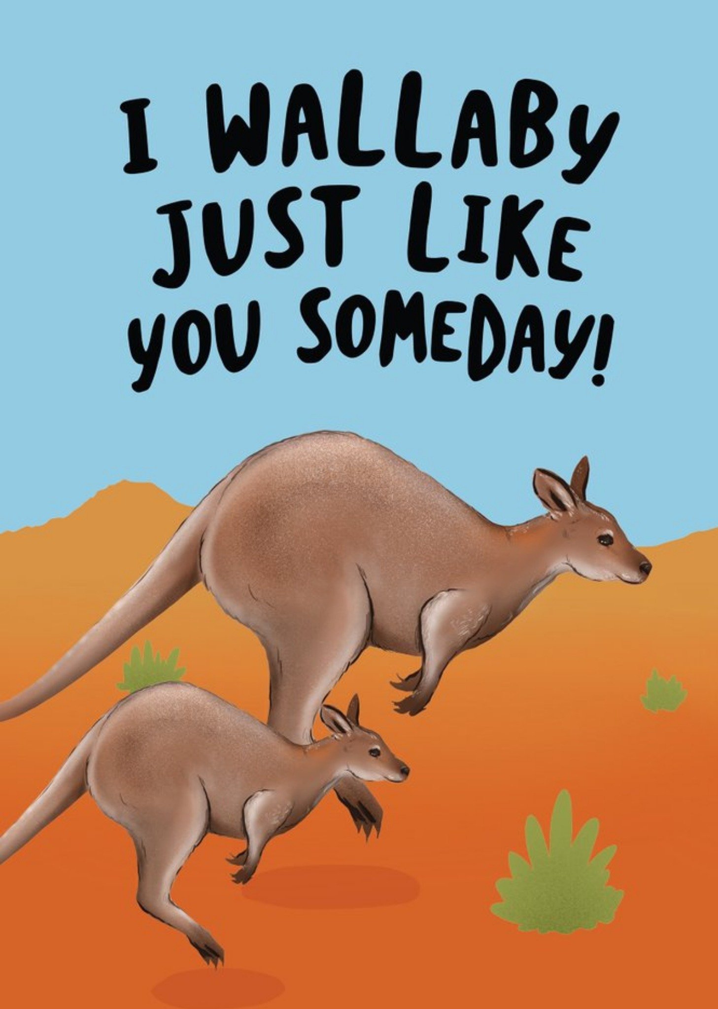 Illustration Of A Wallaby And A Joey Skipping Through The Outback Funny Pun Card Ecard