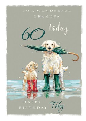 Illustration Of A Two Golden Retrievers Wearing Wellies Happy 60th Birthday Grandpa Card