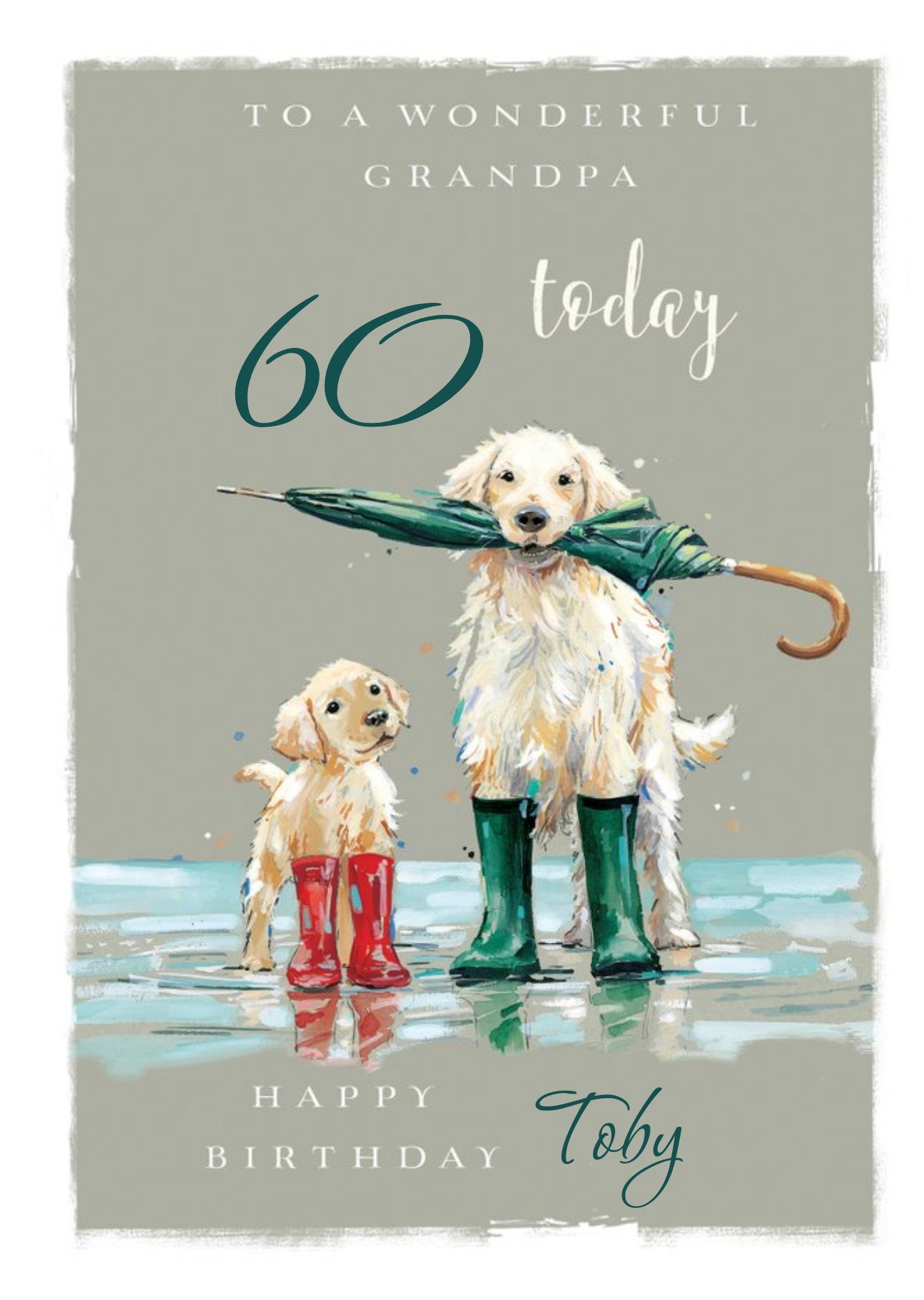Moonpig Illustration Of A Two Golden Retrievers Wearing Wellies Happy 60th Birthday Grandpa Card Eca