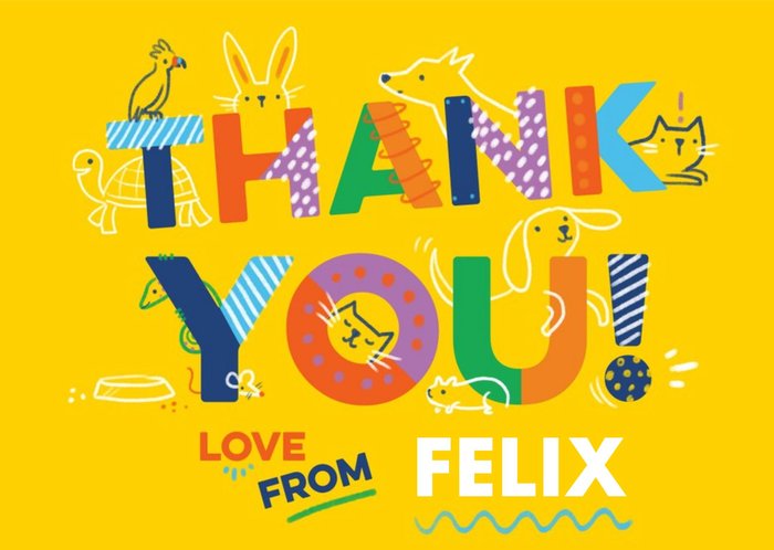 Fun Typography With Various Illustrations Of Pets On A Yellow Background Thank You Photo Upload Card