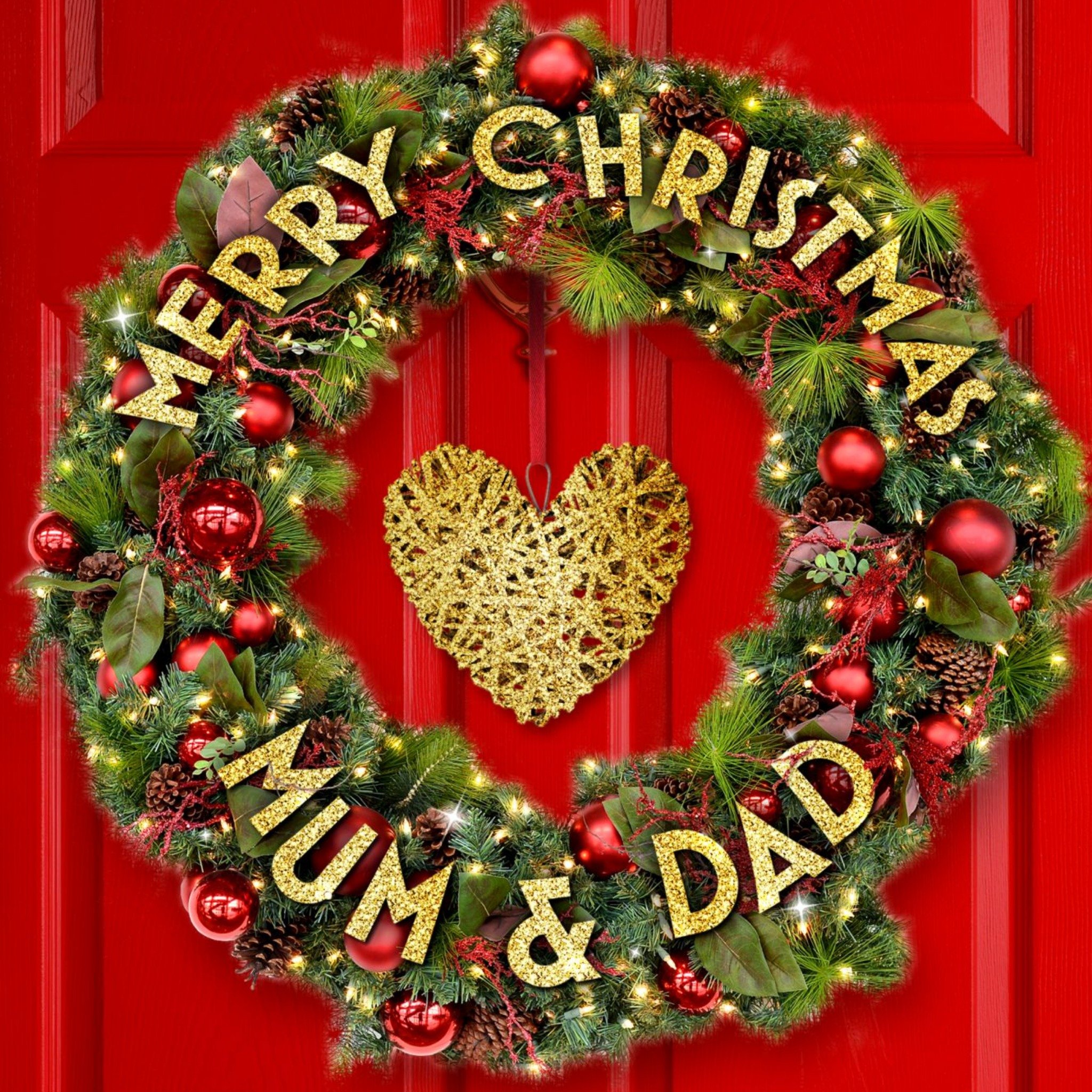 Red Door With Wreath With Personalised Message Merry Christmas Card, Square