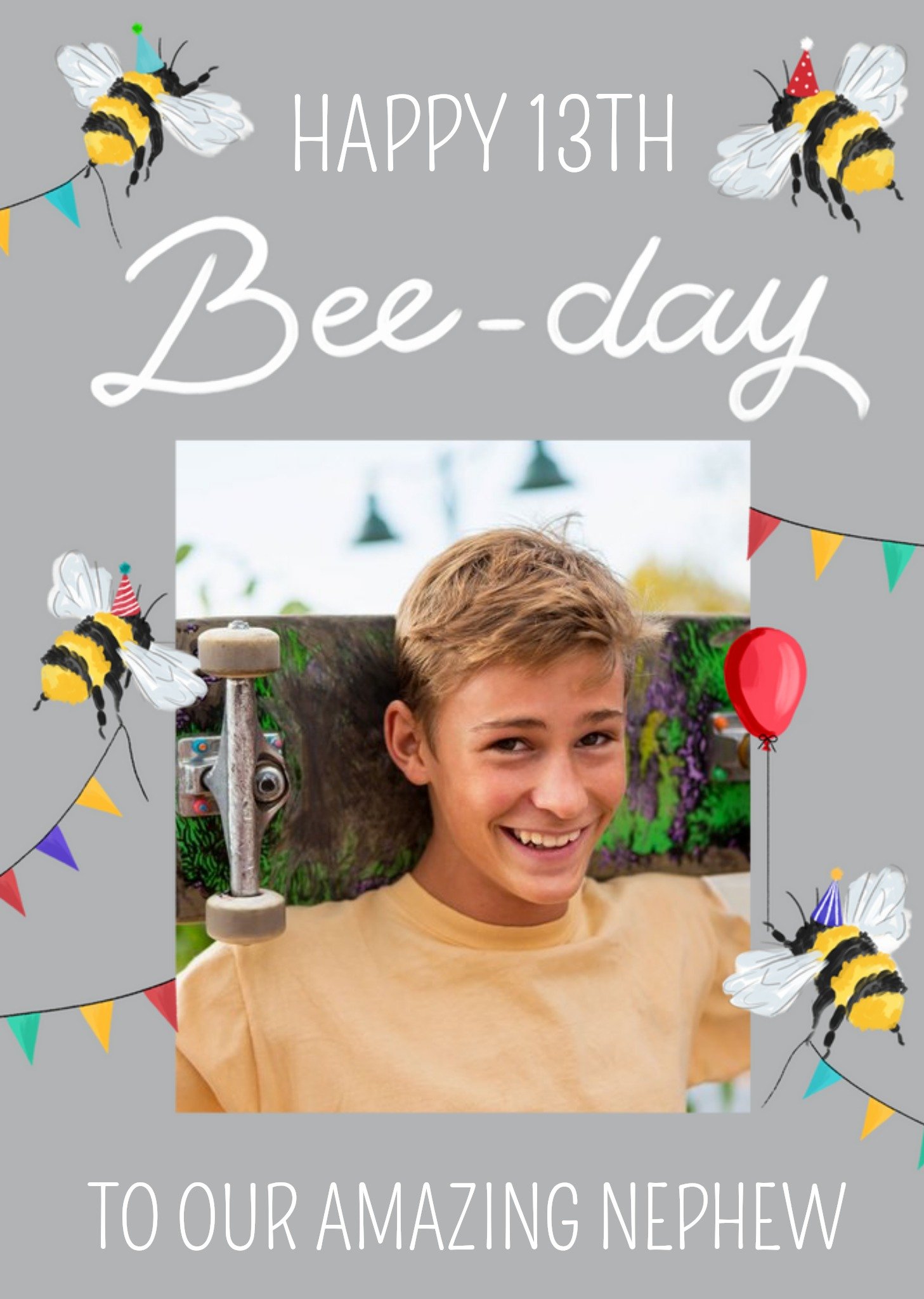 Okey Dokey Design Bees Hanging Bunting Text Editable Photo Upload Nephew Birthday Card, Large