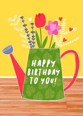 Colourful Illustration Of A Watering Can With Flowers Birthday Card