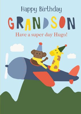 Illustrated Animals Riding A Plane Happy Birthday Grandson Personalised Birthday Card