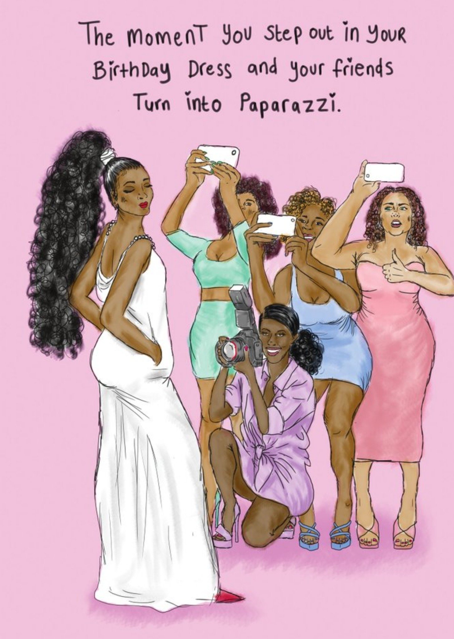 Illustration Of A Woman Wearing Her Birthday Dress While All Her Friends Take Photos Birthday Card Ecard