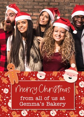 Handwritten Typography With A Santa And Gingerbread Man Pattern Merry Christmas Photo Upload Card