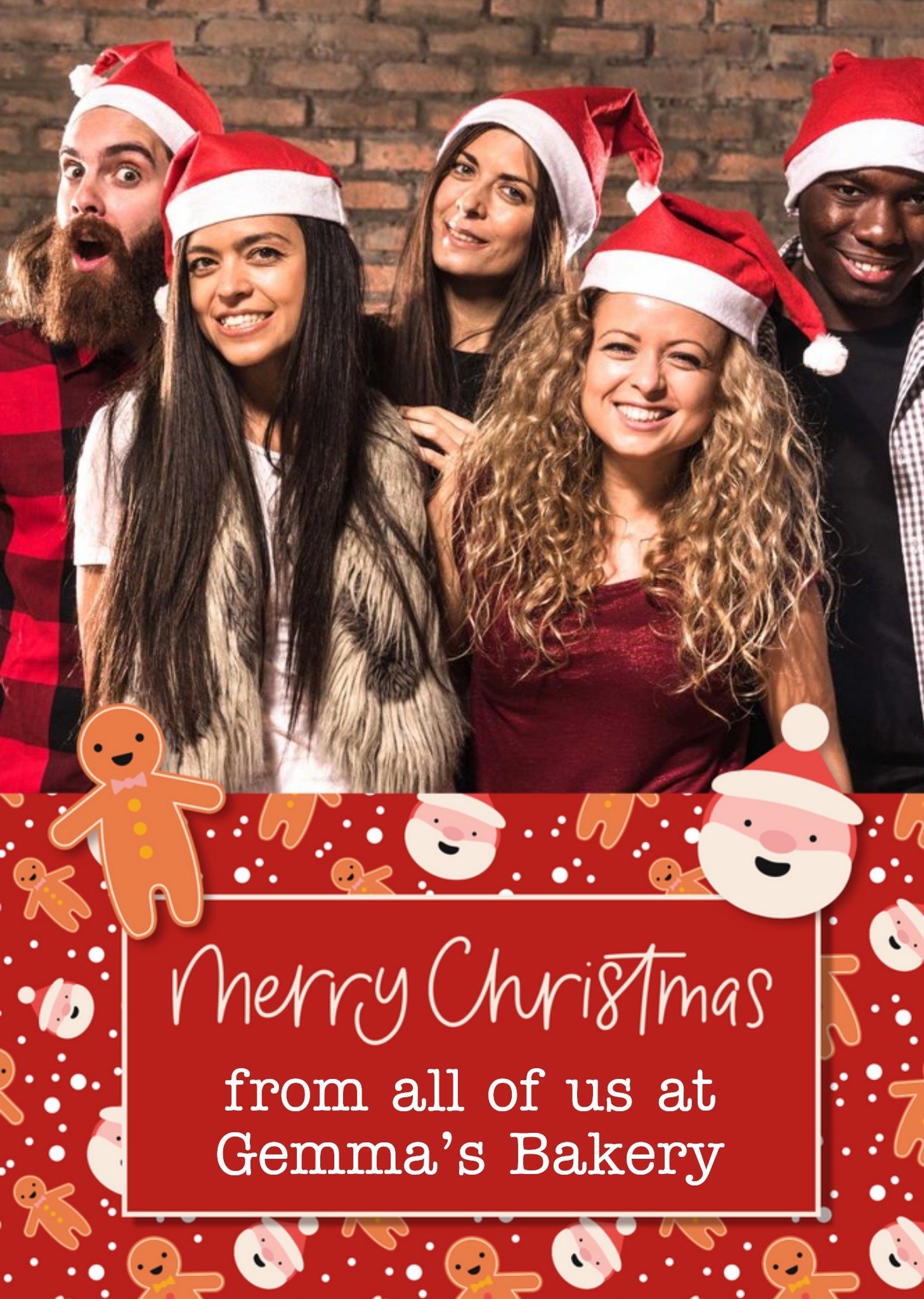 Handwritten Typography With A Santa And Gingerbread Man Pattern Merry Christmas Photo Upload Card Ecard