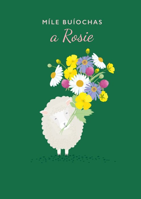 Illustration Of A Sweet Sheep With A Bouquet Of Flowers On A Green Background Thank You Card 