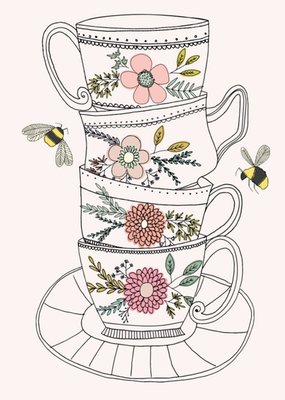 Pretty Flowers And Bees Illustrated Tea Cups Card