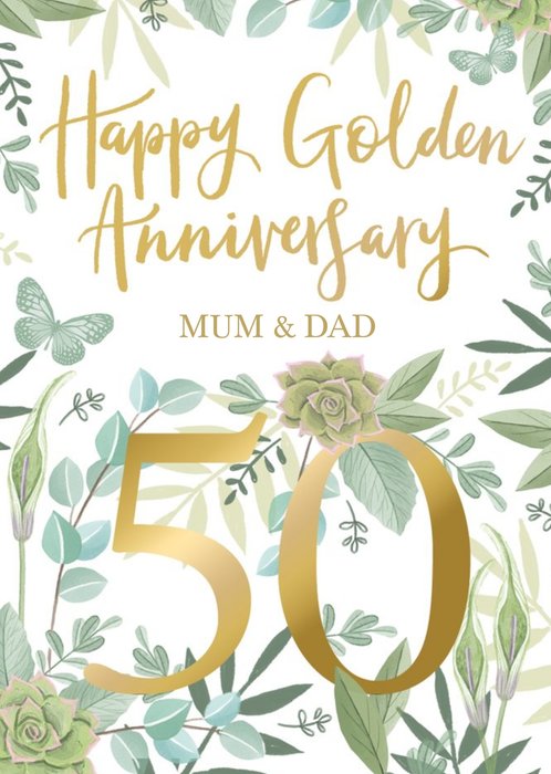 Okey Dokey Design Green Floral Pattern Golden Anniversary Customisable Card