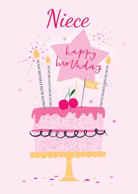 Cute Pink Illustrated Cake Niece Birthday Card