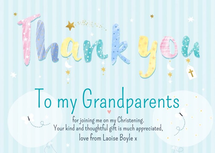 Soft Pastel Coloured Patterned Typography Thank You To My Grandparents Christening Card