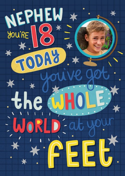 Bright Graphic Typography Nephew You're 18 Today Photo Upload Birthday Card