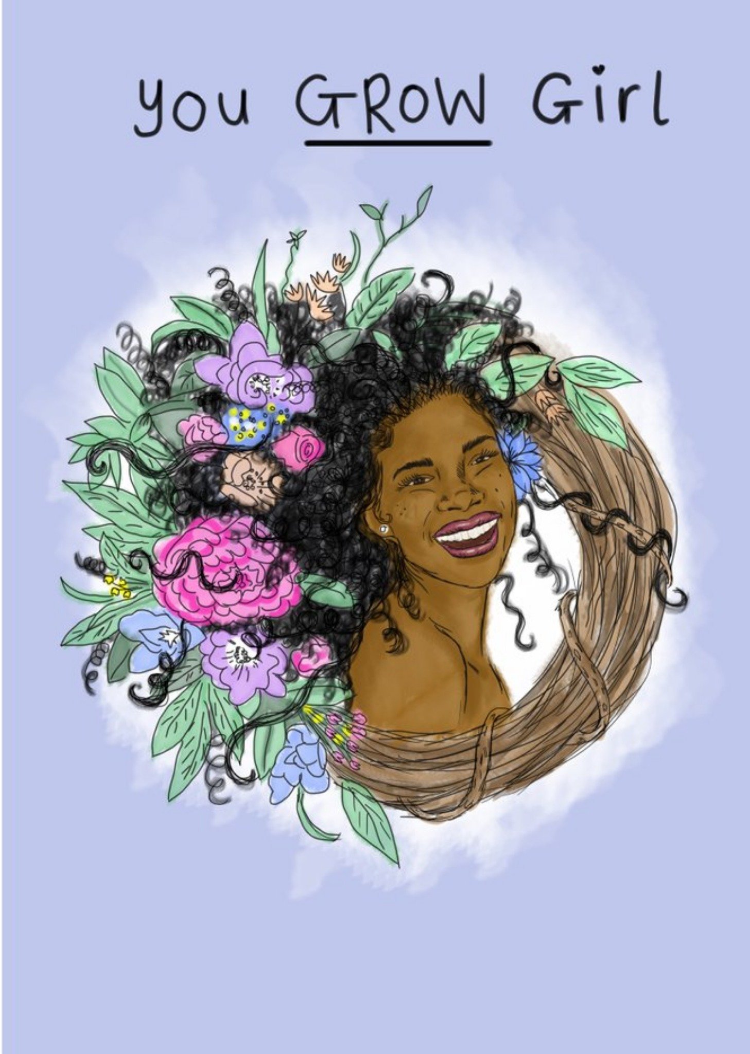 Illustration Of A Woman With Flowers In Her Long Curly Hair Congratulations Card Ecard