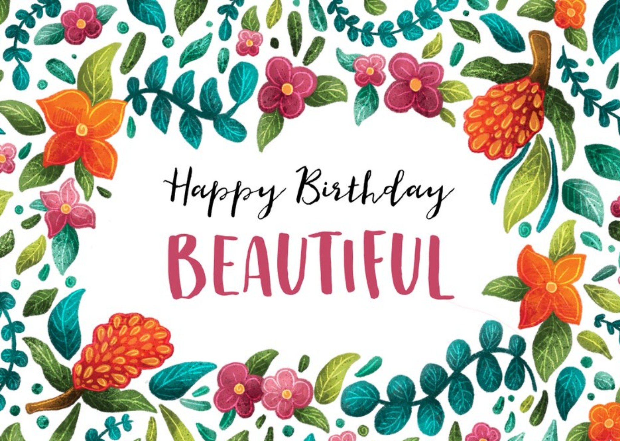 Moonpig Stray Leaves Illustrated Floral Border Birthday Card Ecard