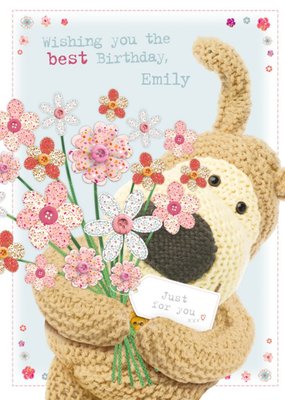 Boofle With A Bouquet Of Flowers Personalised Birthday Card