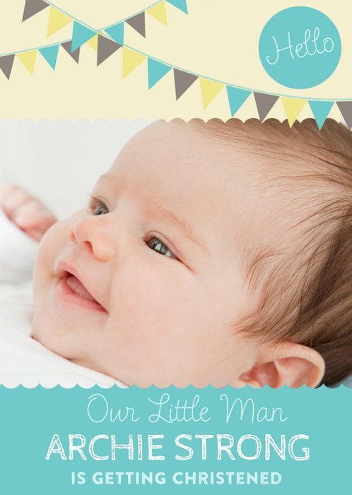 Our Little Man With Bunting Personalised Christening Day Card