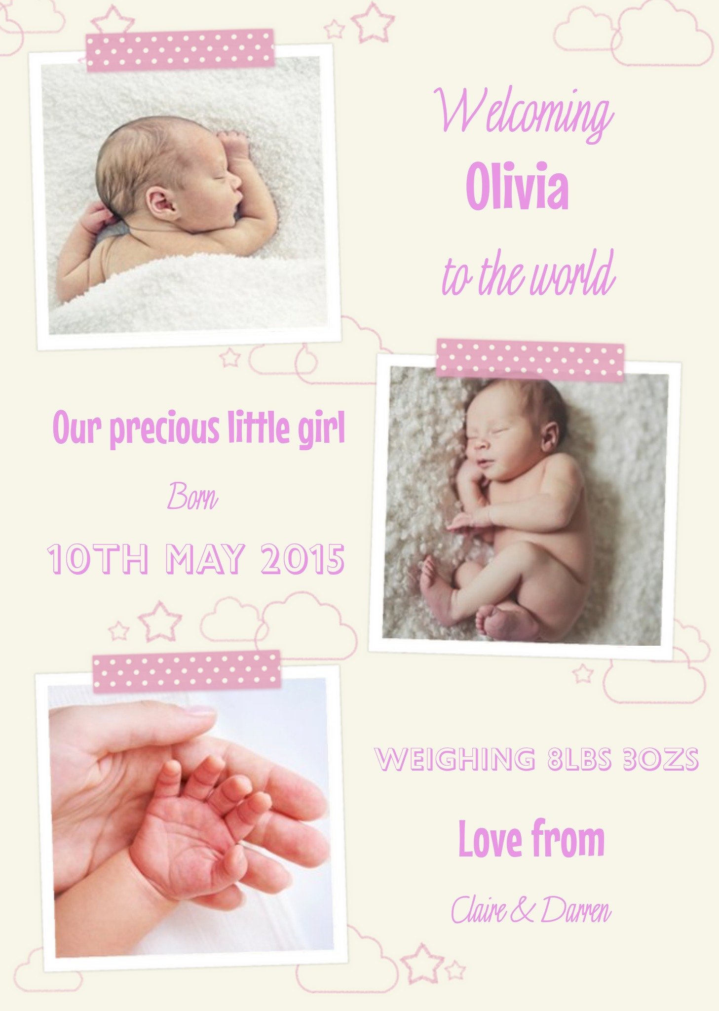 Moonpig Precious New Baby Girl Announcement Card, Large