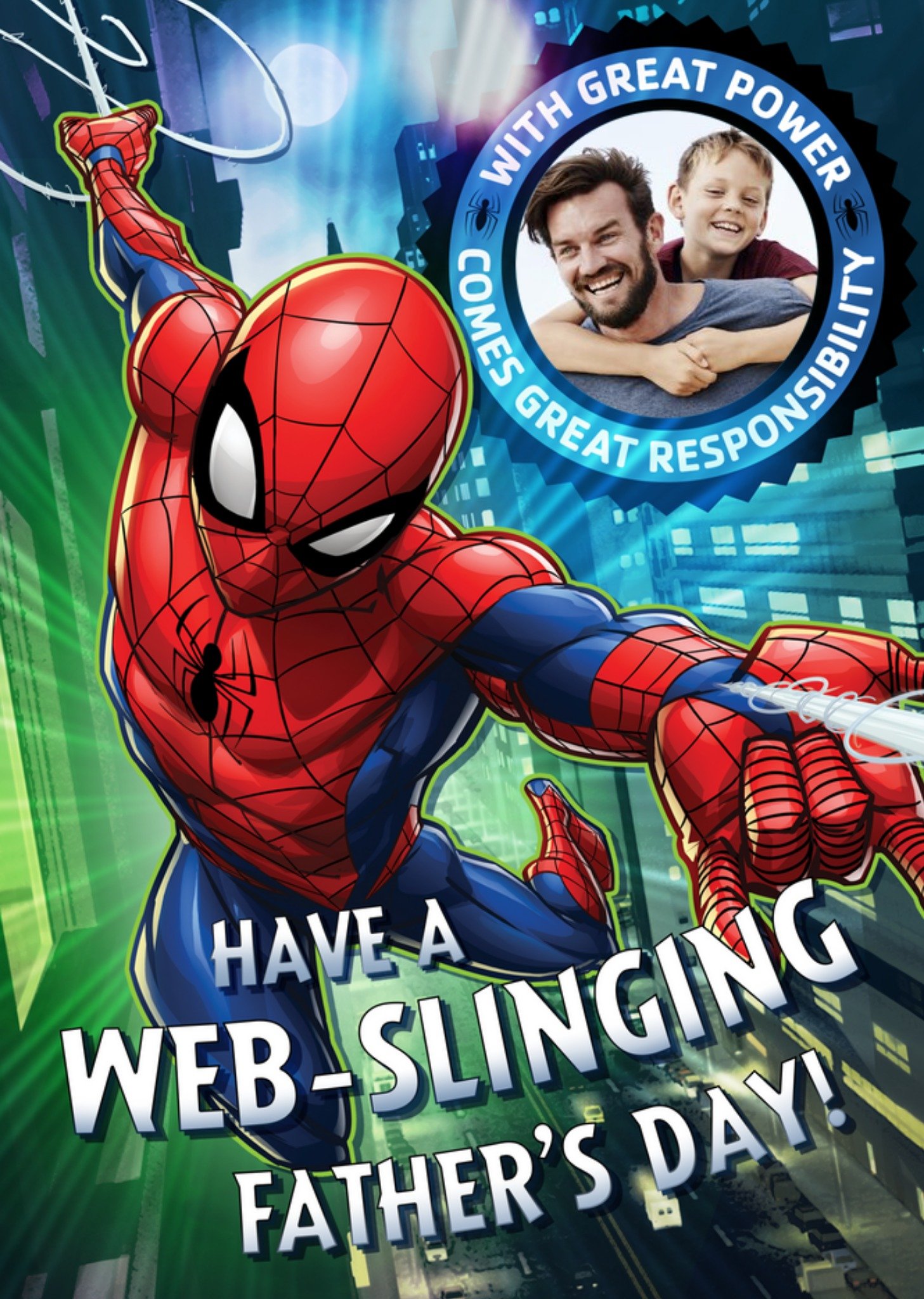 Marvel Spiderman Web-Slinging Photo Upload Fathers Day Card, Large