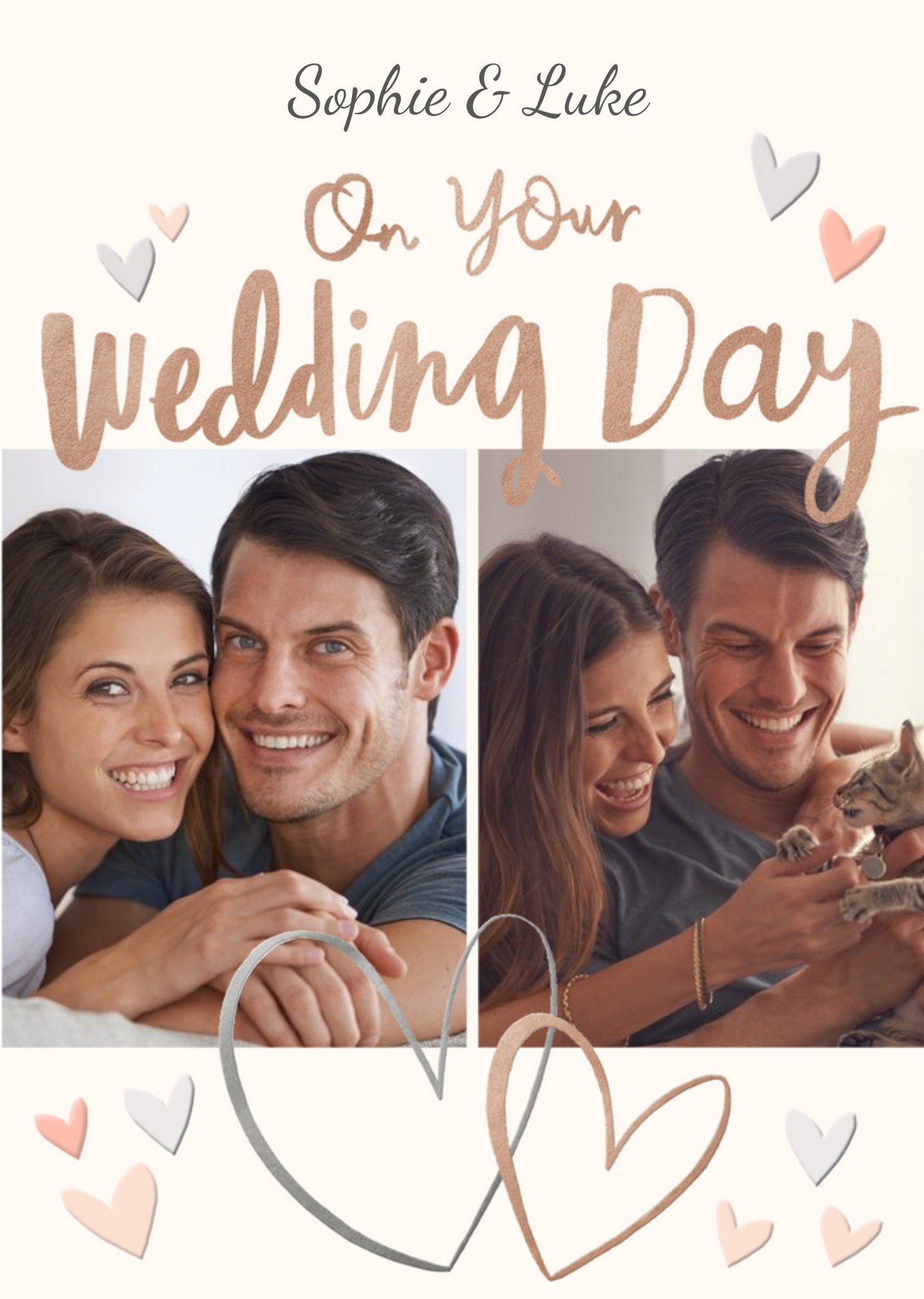 Double Photo Upload Illustrative Hearts Wedding Card Ecard