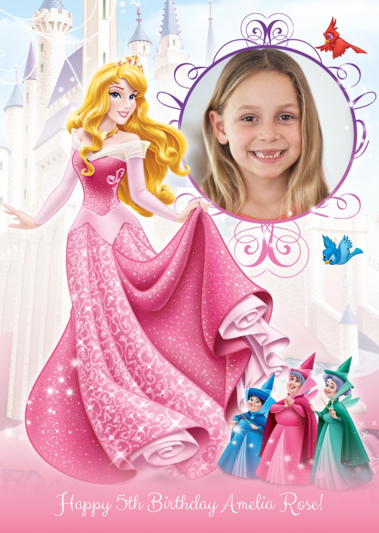 Disney Sleeping Beauty And Castle Personalised Photo Upload Happy Birthday Card Ecard