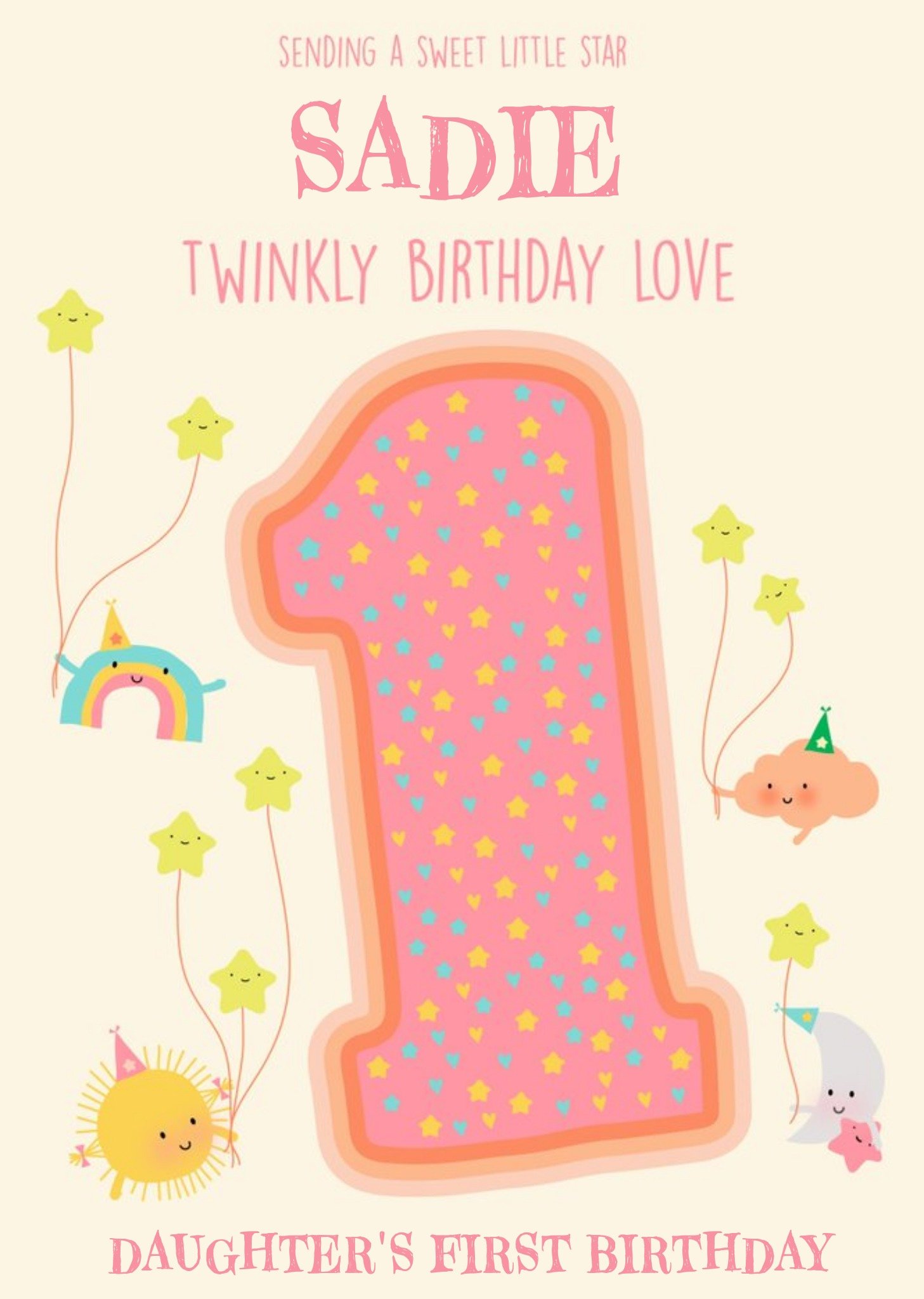 Cute Sun Cloud Rainbow Moon stars 1st Birthday Card For Daughter Ecard